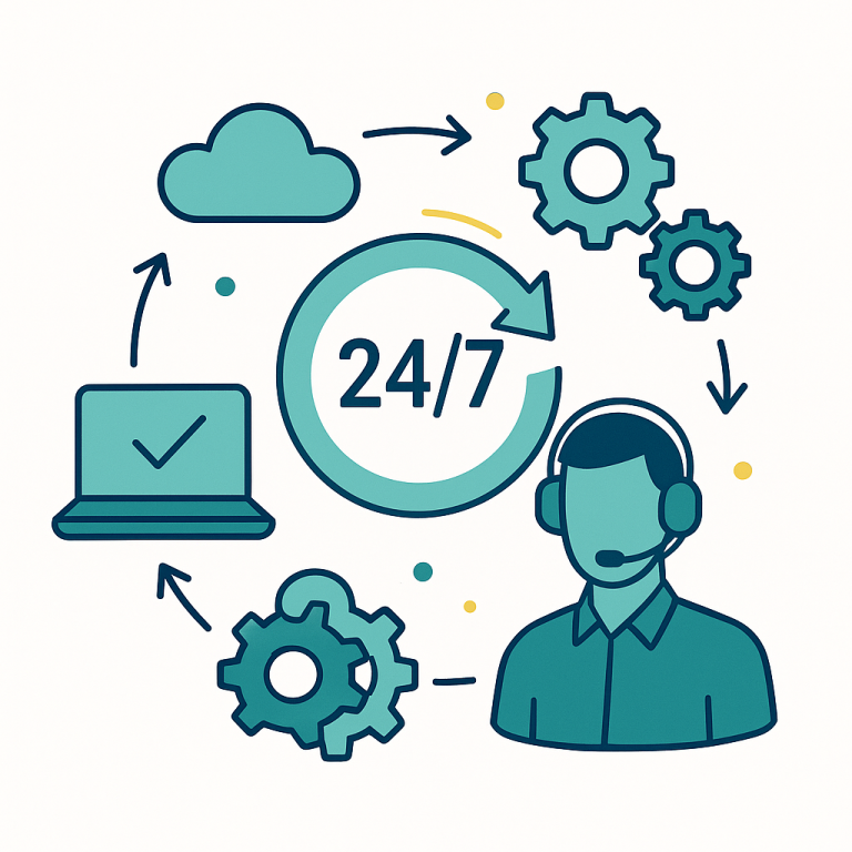Flat illustration on a white background depicting round-the-clock IT support: a teal circular arrow encircles the numerals “24/7,” flanked by a faceless headset-wearing support agent, a laptop with a check-mark screen, a cloud icon, and multiple teal gears. Navy outlines define the shapes, while small yellow accents and arrows connect the elements to convey continuous, reliable service.