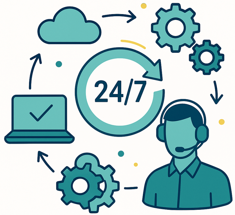 Flat illustration on a white background depicting round-the-clock IT support: a teal circular arrow encircles the numerals “24/7,” flanked by a faceless headset-wearing support agent, a laptop with a check-mark screen, a cloud icon, and multiple teal gears. Navy outlines define the shapes, while small yellow accents and arrows connect the elements to convey continuous, reliable service.