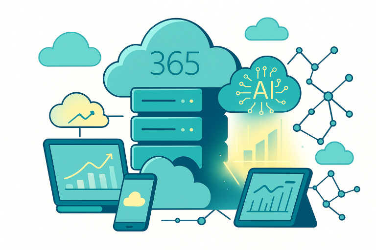 Illustration of a Microsoft 365 cloud server stack linked to laptop, tablet and phone, with AI cloud circuitry in teal and yellow.
