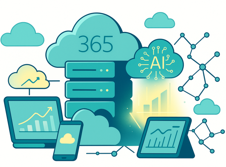 Illustration of a Microsoft 365 cloud server stack linked to laptop, tablet and phone, with AI cloud circuitry in teal and yellow.
